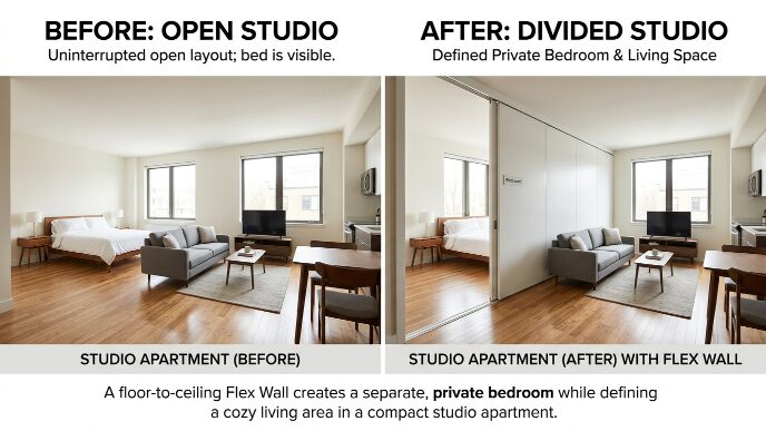 convert studio to 1 bedroom NYC — before and after flex wall diagram showing bedroom and living area