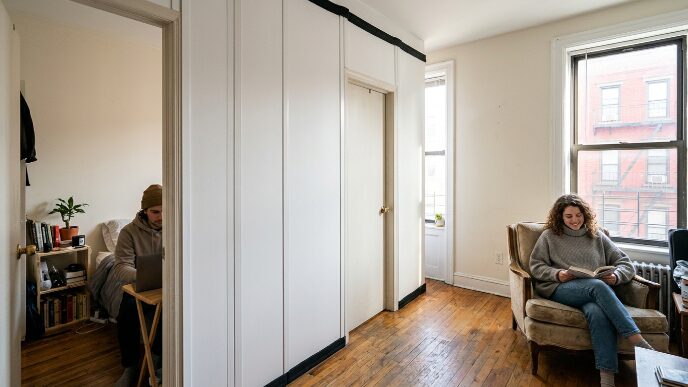 split one bedroom NYC temporary wall roommates — pressurized wall dividing a Brooklyn 1-bedroom