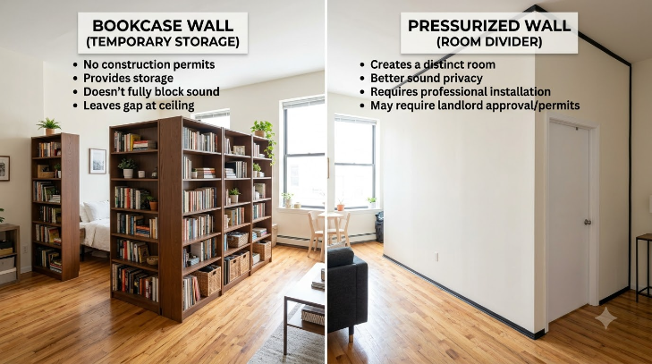 bookcase wall vs pressurized wall NYC — side by side comparison