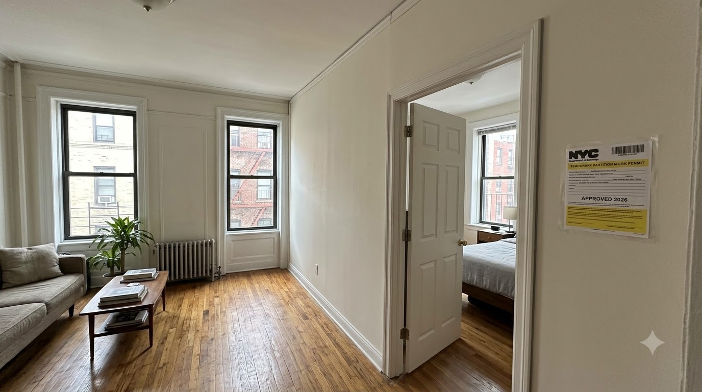 NYC DOB temporary wall rules 2026 — pressurized wall with a door creating a second bedroom in a New York City apartment