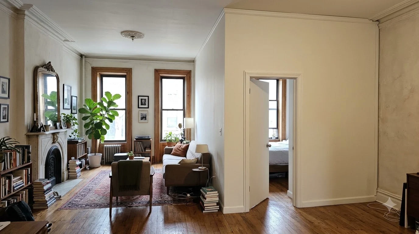 temporary walls Brooklyn NYC — pressurized wall dividing a brownstone living room